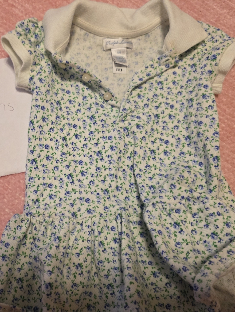 Ralph Lauren Baby Floral Polo Dress in White with Blue & Green Print